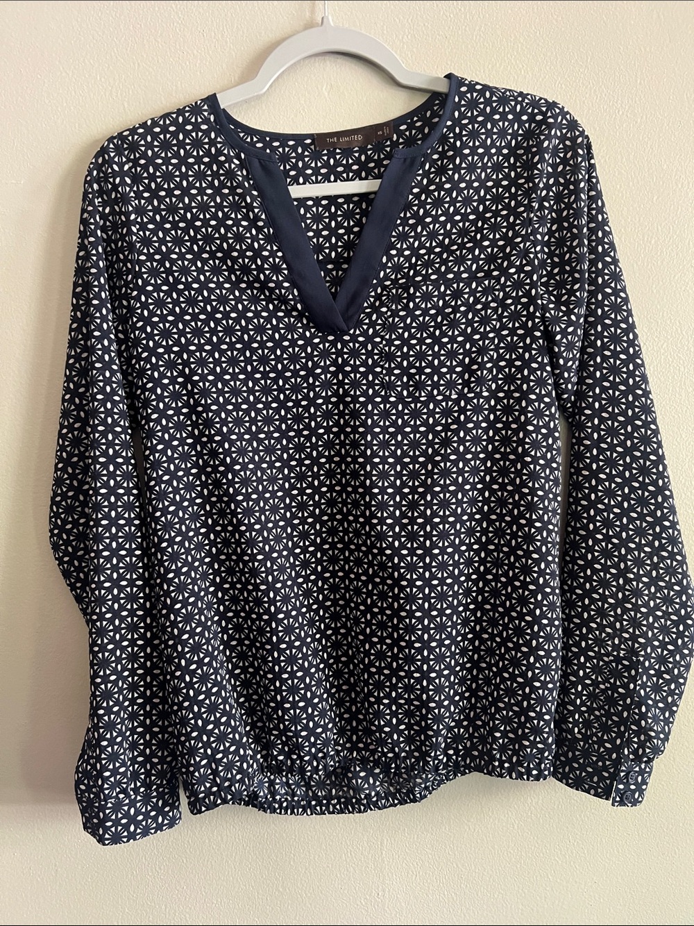 The Limited Navy and White Geometric V‑Neck Blouse